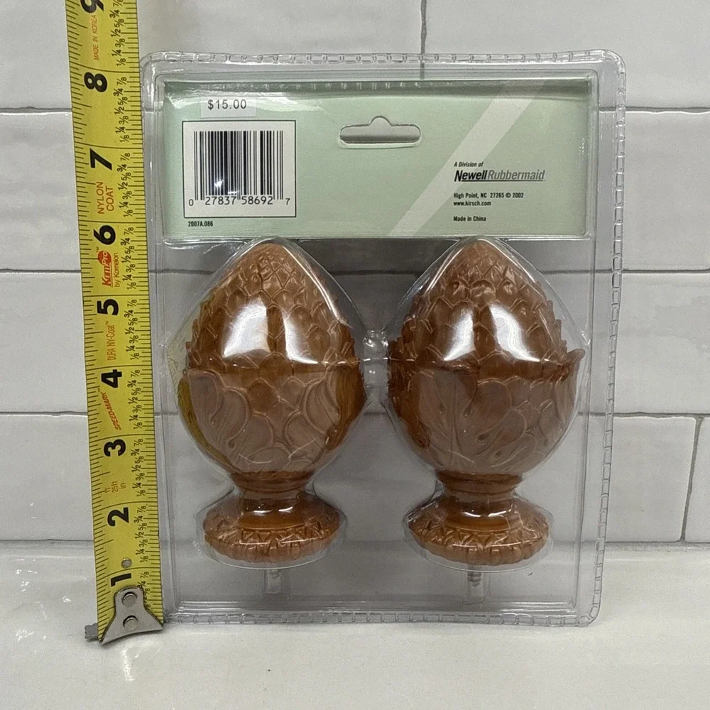 Vintage Pair of Kirsch (Warm Oak) Oak Leaf Finials Fits 1 3/8 Diameter Pole NOS